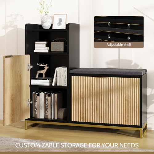 L-Shaped Shoe Storage Bench with Cushioned Seat & 2 Flip Drawer, 39'' Entryway Bench with Wave Door & Adjustable Shelves, Farmhouse Bench Cabinet for Entryway, Hallway (Natural & Black) - color: Natural & Black, size: 39" Inch