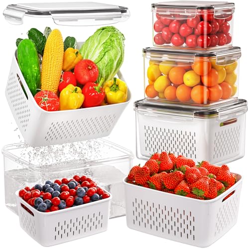 4 PCS Fruit Storage Containers for Fridge, Produce Containers for Fridge with Removable Colander, All-In-One Fruit Washing Bowl with Strainer Microwave/Dishwasher Safe for Salad Berry Lettuce Keeper - color: 4 PACK