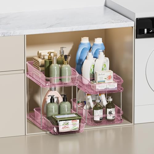 Delamu 2-Tier Under Sink Organizers and Storage, Multi-Purpose Stackable Bathroom Cabinet organizers, Pull Out Kitchen Pantry Organization and Storage with Dividers(2 Pack, Pink) - color: Pink, size: 2 Pack