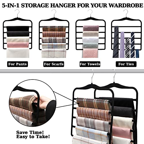 Closet Organizers and Storage,5 Pack Velvet Pants-Hangers-Space-Saving,Non Silp 5 Tier Scarf Jeans Organizer,Dorm Room Essentials for College Students Girls Boys Guys,Organization and Storage - color: Dark Black