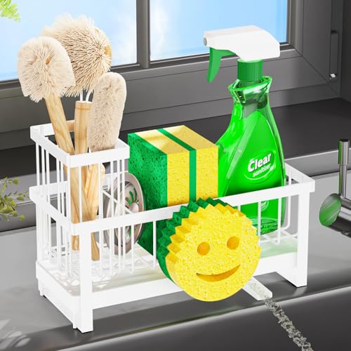 Sponge Holder for Kitchen Sink,Sink Caddy with Removable Dish Brush Holder,Self-Draining Kitchen Countertop Organizers and Storage Essentials,Soap Dispenser Organize and Home Decor-White - color: 1 Tier White-Tray