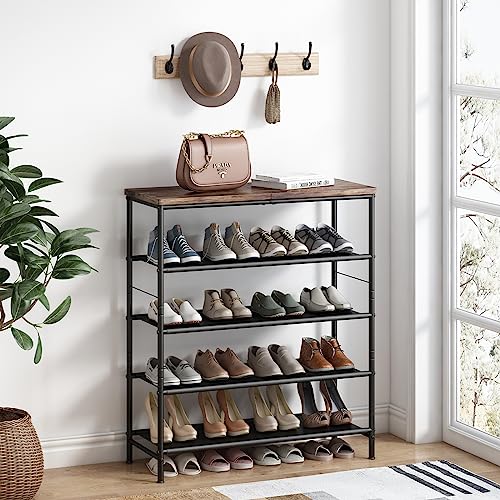 INGIORDAR Shoe Rack Organizer 5 Tier Metal Organizer Shelf with Industrial MDF Board and Layer Fabric for Entryway Closet Bedroom Living Room Garage,Black & Rustic Brown (Black+Rustic Brown, 5 Tier) - color: Black+rustic Brown, size: 5 Tier