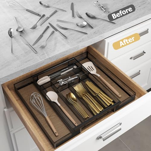 Sedegn Silverware Organizer Metal Mesh, Large Drawer Organizer, Utensil Cutlery Tray for kitchen drawers, Expandable Flatware Organizer with 8 Compartment Black 11.6"~20" x 17.3" - color: Black, size: Expandable 11.6"~20" x 17.3"