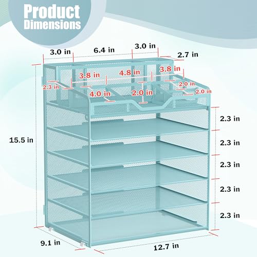Docnest 6 Tier Mesh Desk Organizer for Paper Office Supplies – Multi-Functional Letter Tray with 5 Adjustable Compartments, 7 Pen Holders, Desktop Storage for Files, Mail, Stationery – Blue - color: Blue, size: 12.7" x 9.1" x 15.5"