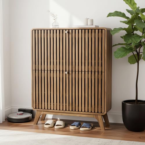 Jluomei Fluted Narrow Shoe Cabinet for Entryway, Slim Wood Shoe Storage Cabinet with Flip Drawers, Bamboo Thin Shoe Rack Organizer for Entry Way, Hallway, Hidden, Walnut - color: Walnut-31.5" Wide