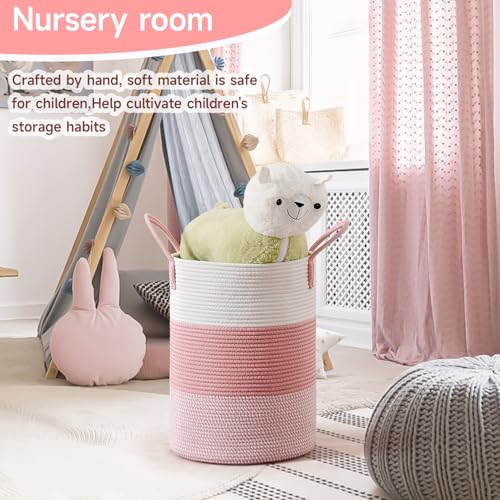 CLHMILY&Z 60L Laundry Basket Round Storage Rope Basket - 15x20.5 Inches - Pink Hamper in Bedreoom and Cute Storage Bin for Blankets, Toys, and Nursery Essentials - color: Pink & White, size: 60L