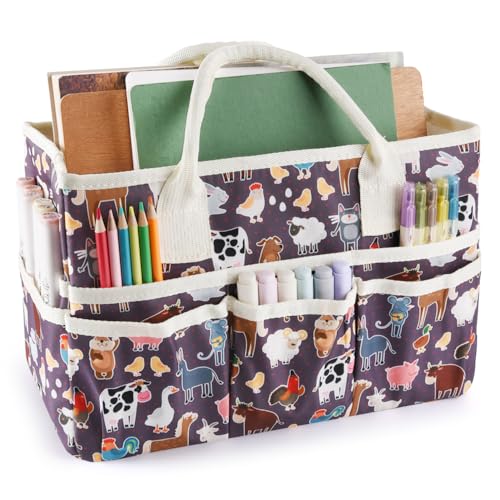 E-WEICHEN Craft Organizer Tote Bag Art Storage Caddy with Multiple Pockets Containers for Art,Craft,and Office Supplies Storage.Purple animals - color: Purple animals