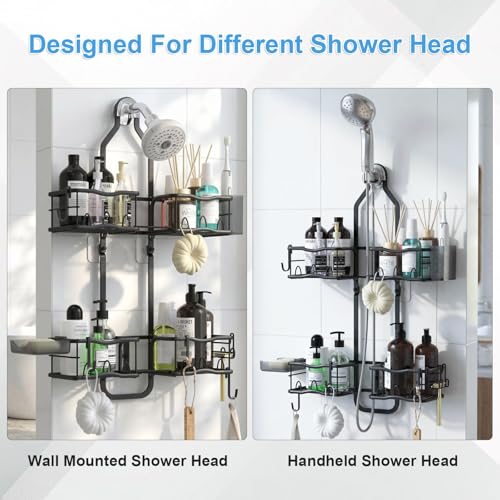 Shower Caddy Hanging Organizer, Rustproof Shower Organizer Hanging for Handheld Showerhead with Hooks for Razor/Sponge, Bathroom Caddy Rack Shower Shelves for Shampoo Soap Towels, Black - color: Black