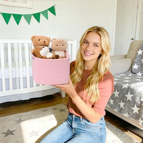 3 Pack Cube Storage Bin, 9”x9”x7” Cotton Rope Woven Baskets for Organizing Toys Clothes Towels, Square Gift Storage Baskets for Shelves, Nursery, Closet, Bathroom, Pantry (Pink) - color: Pink, size: 9" x 9" x 7"