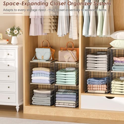 Hencawima 4-Tier Stackable Closet Organizers and Storage, Dual-Layer Reinforced Clothing Cube Shelves with Wood Tops, Sturdy Clothes Storage Bins & Shelf Basket for Wardrobe, Closet Organizer System