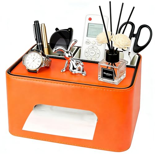 PU Leather Tissue Box Cover Square - Multifunctional Tissue Box Holder with Storage, Tissue and Remote Control Holder Organizer with Compartments for Bedroom Nightstand, Desk, Living Room (Orange) - color: Orange