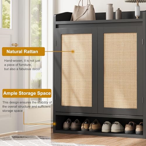 GarveeHome Modern Rattan Shoe Cabinet for Entryway, Wooden Shoe Storage Organizer with Adjustable Shelves, Closed Dustproof Shoe Rack for Hallway, Bedroom, Living Room, Black - color: Black