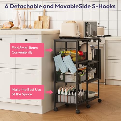 SWTYMIKI Kitchen Island Cart on Wheels - 4 Tier Rolling Kitchen Table Cart with Storage Shelves, 6 Removable Hooks& Locking Casters, Coffee Bar Cabinet for Dining Room Pantry Office, Black - size: 28x11.81in, style: Black