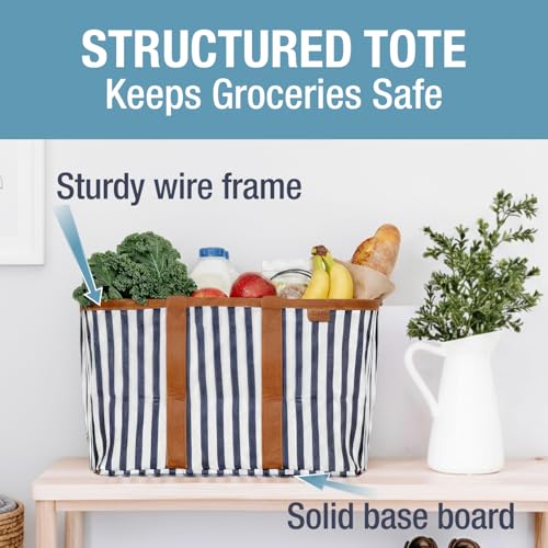 CleverMade Collapsible LUXE Tote - Reusable Grocery Shopping Storage Bag Organizer w/Handles Reinforced Bottom - color: Navy Stripe