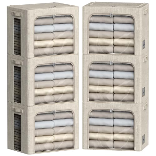 FHSQX 6 Pack Clothes Storage Bins with Metal Frame Foldable Storage Bins for Clothes Linen Fabric Storage Box with Clear Window (Beige, 15.7x11.8x11.8inch(36L)) - color: Beige, size: 15.7x11.8x11.8inch(36L)