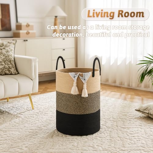 Artfeel Laundry Basket,Woven Cotton Rope Laundry Hamper,60L for Decorative Storage of Dirty Clothes,Toys and Blankets in Bathroom,Bedroom and Living Room - color: Black & Brown, size: 60L