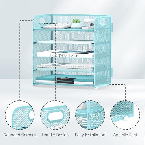 Supeasy 5 Trays Paper Organizer Letter Tray with Handle-Mesh Desk File Organizer, Paper Sorter Desk Organizer for Office, Home or School (Light Blue) - color: Blue