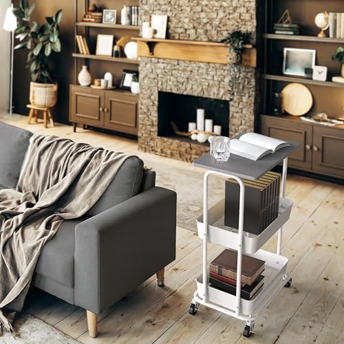 Simple Houseware 2-Tier Rolling Utility Cart with Lockable Wheels and Wood Top, Metal Storage Organizer Trolley for Kitchen, Bathroom, Office, Craft Room, Grey - color: Grey