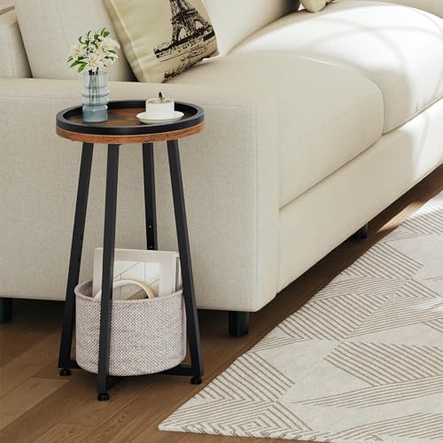 HOOBRO Small Round Side Table, 2-Tier Round Sofa End Table, Compact Nightstand with Cotton Linen Storage Basket, for Small Space, Living Room, Bedroom, Dorm, Rustic Brown BF183BZ01 - color: Rustic Brown