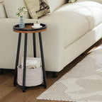 HOOBRO Small Round Side Table, 2-Tier Round Sofa End Table, Compact Nightstand with Cotton Linen Storage Basket, for Small Space, Living Room, Bedroom, Dorm, Rustic Brown BF183BZ01 - color: Rustic Brown