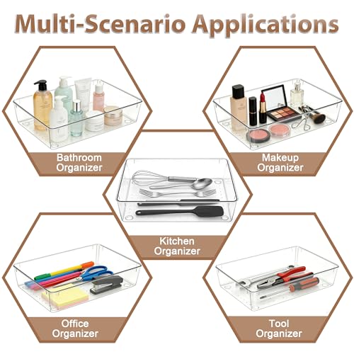 7Pack Desk Drawer Organizers, 6"*9" makeup acrylic drawer organizer trays for vanity, bathroom, office, nightstand, junk for kitchen drawer, Versatile plastic drawer divider storage bins