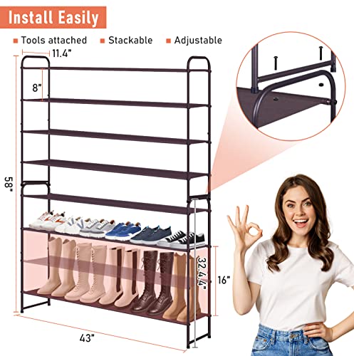 MISSLO 4 Tier Long Shoe Organizer for Closet Shoe Rack for Bedroom Closet Floor Shoe Shelf for Entryway Storage Stackable Wide Shoe Shelf Stores 30 Pairs of Men Sneakers, Brown - color: Brown, size: 4 Tier