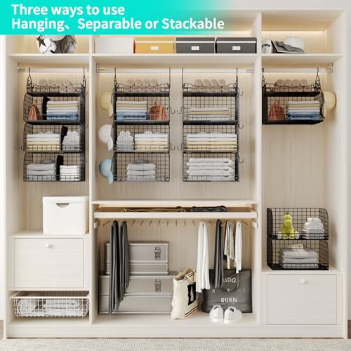 HapiRm Hanging Closet Organizer Storage - 4 Tier Metal Stackable Hanging Closet Shelves with Dividers and S Hooks, Foldable Clothes Shelves for Clothes, Pants, Shoes, Coat, Hats Clutches Accessories - color: Black, size: 4-Tier
