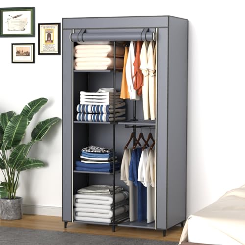 Portable Closet, Wardrobe Closet with 6 Storage Shelves and 2 Hanging Rods, Non-Woven Fabric Cover, 34.6 x 17.7 x 66.1 Inches Closet Organizer for Bedroom, Gray - size: Medium