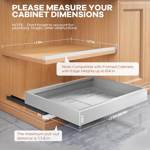 Seinloes 2Pack Expandable Pull Out Cabinet Organizer 21"Deep With Raising Pad for Framed Cabinets, Upgrade 3 Slide Rails Slide Out Drawers,Roll Out Shelves Adhesive,Adjustable Width 12.05"-20.4"Silver - color: Silver, size: 21"D x 12.05"-20.4"W(2Pack)