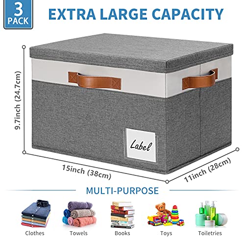 GhvyenntteS Storage Bins with Lids 3 Pack, Large Storage Baskets with Lids and Label, Foldable Fabric Storage Boxes with 3 PU Handles for Organizing Shelves Home Nursery Office (Grey, 15x11x9.6) - color: Grey with White, size: Large-3 Pack
