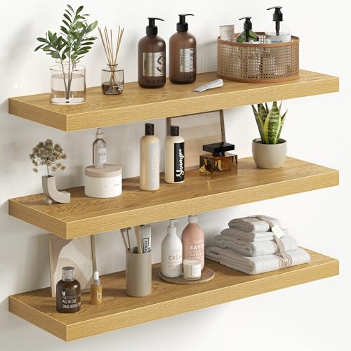 Fun Memories Floating Shelves for Wall 32 Inch Set of 3, Farmhouse Floating Shelves with Invisible Heavy Duty Bracket, 10 Inch Deep Bathroom Shelves for Storage, Living Room, Kitchen, Decor, Oak - color: Oak, size: 32"W x 10"D - 3P