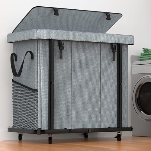 60 Gal (230L) High Grade Large Laundry Basket with Wheels, Rolling Laundry Hamper, Laundry Cart with Metal Frame and Removable Bag Design, Suitable for Laundry Room, Bedroom (Grey, 3 Section 230L) - color: Grey, size: 3 Section 230L