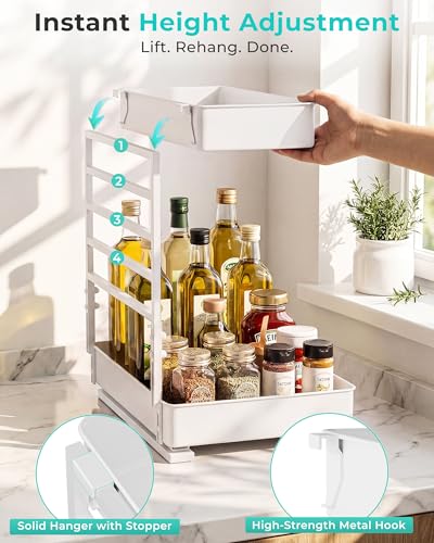 EVERIE Height Adjustable 2 Tier Metal Pull Out Slide Shelf Organizer for Framed or Frameless Under Sink Cabinets in Kitchen, Bathroom, with Snap-on Top Tray (White, 2 Sets) - color: White, size: 2 Sets