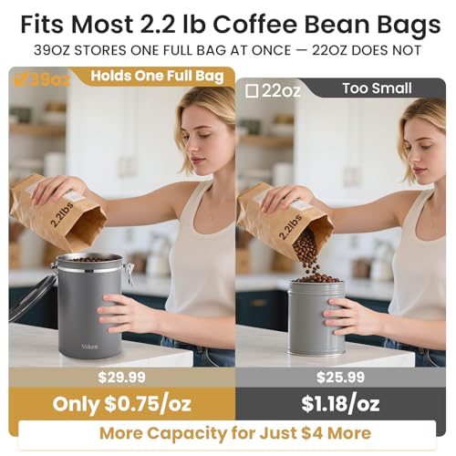Veken Coffee Canister, 39OZ Large, Airtight Stainless Steel Food Storage Container for 2.2lbs Coffee Beans,Ground, Sugar,Espresso,Rice,Tea,Flour, Pod Baskets, Home Kitchen Bar Accessories, Gifts, Gray - color: Gray, size: 39 oz