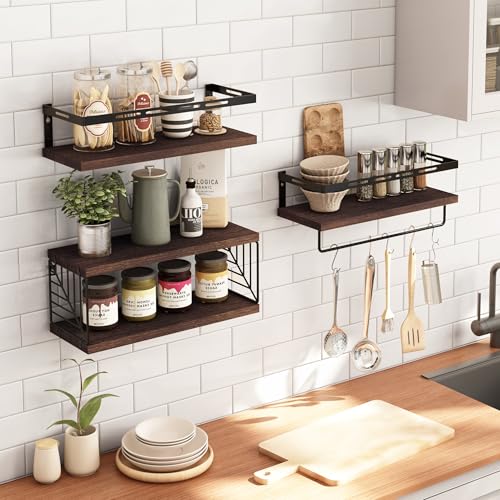 Fixwal 3+1 Tier Wall Mounted Bathroom Shelves Over Toilet, Rustic Wood Floating Shelves with Metal Frame and Towel Bar for Bathroom, Kitchen, Bedroom, Living Room (Dark Brown) - color: 6-dark Brown