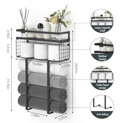 Xstydes Towel Racks for Bathroom, Metal Towel Holder with Storage Basket,Wall Towel Rack for Rolled Towels, Towel Storage for Small Bathroom,Black - color: Black, size: Large