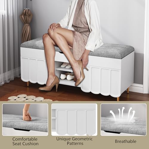 3More 40" Entryway Shoe Storage Bench,Upholstered Hidden Space Beneath Seat Cushion Bench,2-Tier Unique Geometric Shape with Wood Grain,White - color: White