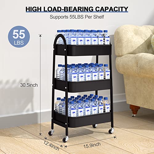 EAGMAK 3 Tier Utility Rolling Cart, Metal Storage Cart with Handle and Lockable Wheels, Multifunctional Storage Organizer Trolley with Mesh Baskets for Kitchen, Living Room, Office, Garage (Black) - color: Black, size: Normal
