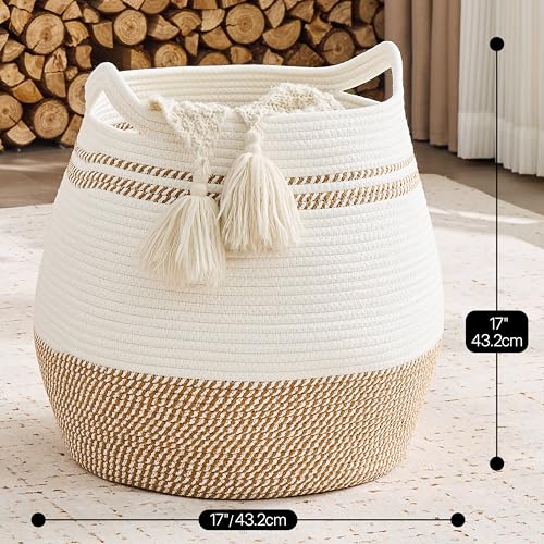 KAKAMAY Large Cotton Rope Woven Basket for Storage (17"x17"), Collapsible Laundry Hamper for Baby, Blanket Basket for Organizing Living Room, Nursery, Clothes, Toy Chest, Brown Stripes - color: Brown Stripe