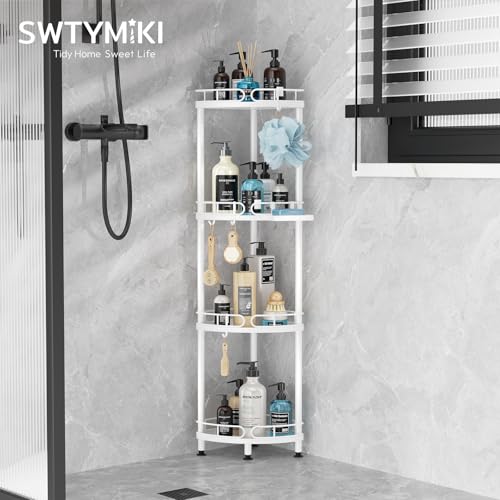 SWTYMIKI Corner Shower Caddy Standing - 4 Tier Stainless Steel Shower Organizer Stand with 4 Hooks & Soap Holder, Rustproof Metal Standing Tall Floor Shower Shelf and Bathroom Organizer, White - color: White-4 tier