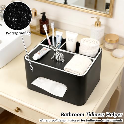 PU Leather Tissue Box Cover Square - Multifunctional Tissue Box Holder with Storage, Tissue and Remote Control Holder Organizer with Compartments for Bedroom Nightstand, Desk, Living Room (Black) - color: Black