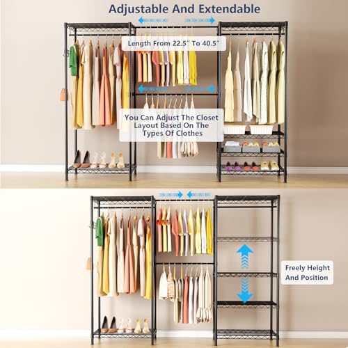 Heavy Duty Closet Garment Rack, 6 Tiers Adjustable Metal Freestanding Expandable Clothing Storage with 4 Hanger Rods, Easy to Assemble Wardrobe, 71.4" H x (70" - 88.2") L x 14" D, Black - color: Black
