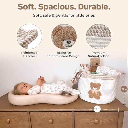 Teddy Bear Storage Basket for Nursery – Large 15"x11" Cotton Rope Bin with Soft Embroidered Bear Patch – Gender Neutral Toy Organizer, Baby Laundry Hamper, Blanket & Diaper Holder - color: Neutral Teddy