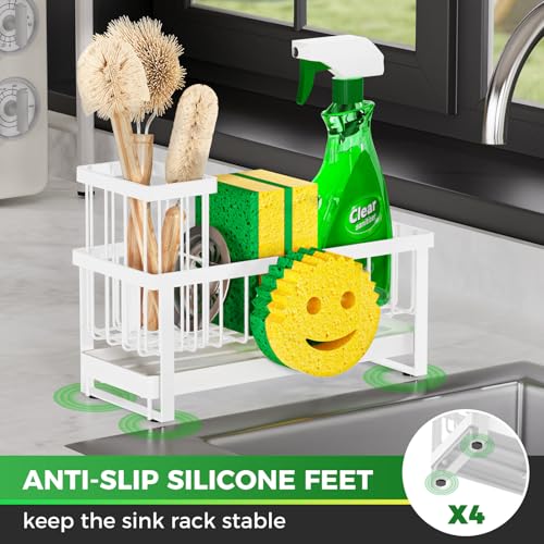 Sponge Holder for Kitchen Sink,Sink Caddy with Removable Dish Brush Holder,Self-Draining Kitchen Countertop Organizers and Storage Essentials,Soap Dispenser Organize and Home Decor-White - color: 1 Tier White-Tray