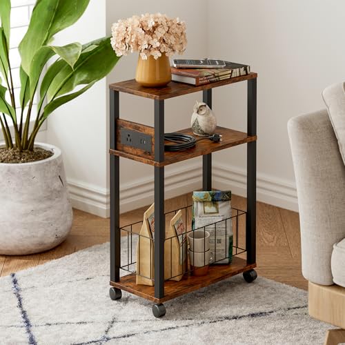 DGSANDGO Narrow Rolling Side Table with Charging Station (Outlets/USB Ports) & Storage Basket - Small Space End Table for Living Room Bedroom Office (Rustic Brown) - color: Rustic Brown, size: Basket Narrow-24.4"H 1 PC