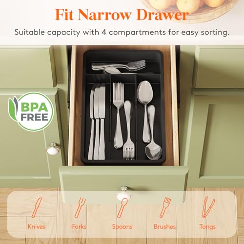 Lifewit Silverware Drawer Organizer Tray, Plastic Cutlery Storage for Kitchen, Flatware and Utensil Holder Divider for Spoons Forks Knives Tableware, 7.8 x 12.4", 4 Slots, Black - color: Black, size: 7.8 x 12.4 inch (4 Slots)