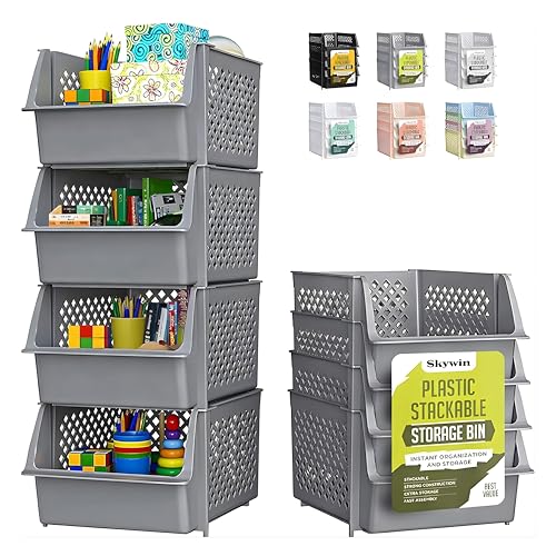 TidyFriend 4 Pack Stackable Storage Bins Open Front for Pantry Organizers and Storage, Pantry Storage for Food, Kitchen and Home Organization, Plastic Storage Bins, Dorm Room Essentials (Grey) - color: Grey, size: 4 Pack