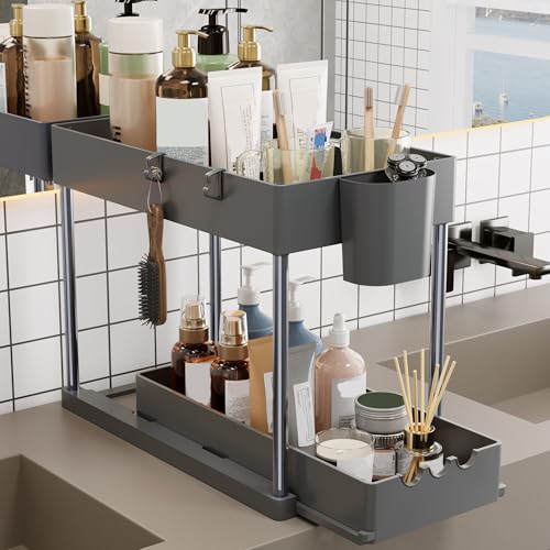 2 Pack Under Sink Organizers and Storage, 2-Tier Sliding Cabinet Organizer Drawer for Bathroom and Kitchen – Multi-Purpose Cabinet Organizer with Easy Pull-Out Design (Grey) - color: Grey, size: 2 Pack