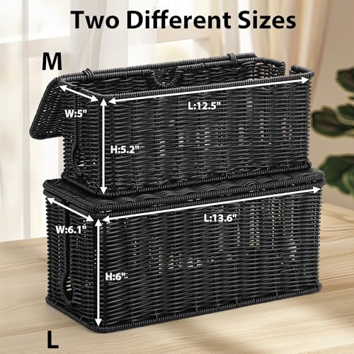 Handmade Cable Management Box, Imitation Rattan Cord Organizer Cord Hider Box, Desk Cord Management Box to Hide Cords and Power Strip L12.5 W5 H5.2 CB2412 Black - color: Black, size: 1 Pack (M)