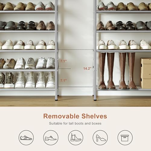 Shoe Rack with Coat Rack, 8 Tier Tall Shoe Storage Organizer with Hooks, 3-in-1, Wooden Top Shelf, Sturdy Frame, Metal Clothes Hanger Stand for Entryway, Closet, Silver - color: Silver